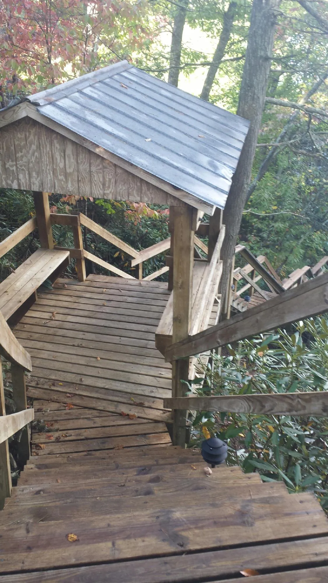 Metal roofed shelter over wooden steps on a wooded walkway — Skylight Repair & Installation work by our crew in Crystal Springs